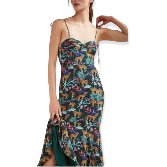 Fame & Partners x Free People Elham 2 XS Green Jungle Cheetah Floral Silky Maxi - Picture 7 of 7